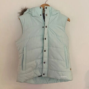 Burton womens Large light aqua blue w/ faux fur hood button + zip 2 pocket EUC